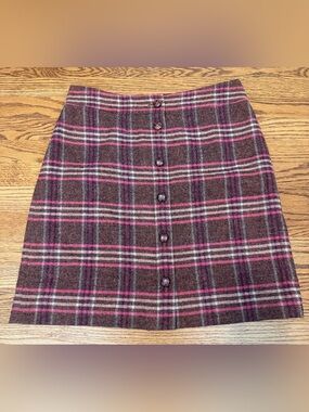 Talbots Plaid Wool Blend Button Front Skirt Brown Pink Preppy Academia Sz 10